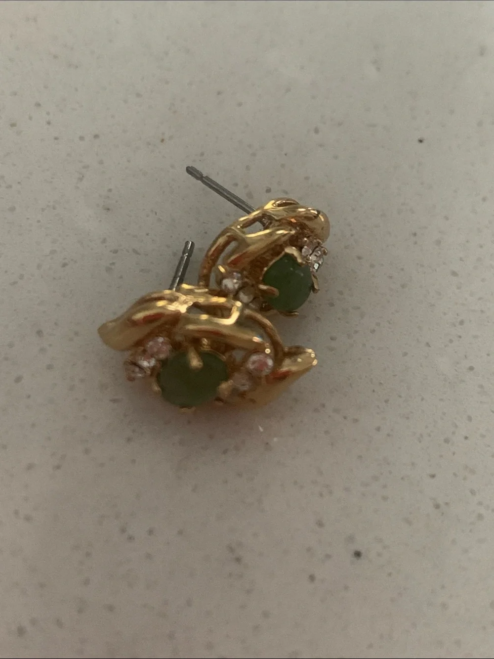 Gold-Tone Stud Earrings with Green Center and Clear Accents